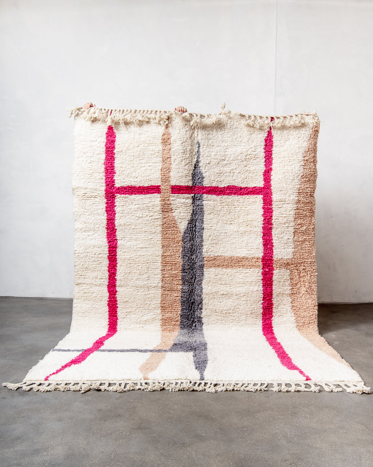 Modern, designer, handcrafted Berber rug from Morocco. Beniourain carpet with beautiful colours and patterns and fluffy wool texture.